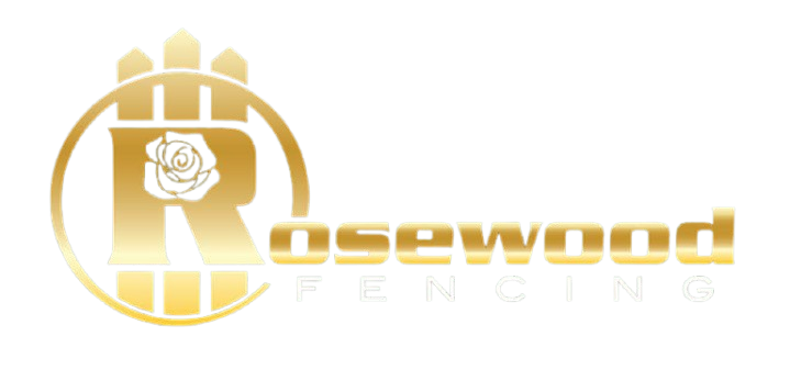 Rosewood Fencing logo on white background featuring gold fence and rose icon for expert fencing services.
